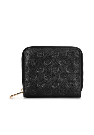 Black leather wallet with embossed floral pattern, textured surface, gold zipper pull, and rounded corners. Compact and zippered design.