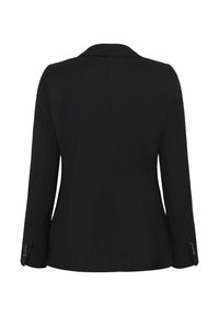 Blazer noir sur mesure avec manches longues, détails de boutons aux poignets et col cranté, montré de dos sur fond blanc.