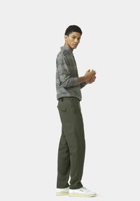 Grijs gestreepte blouse met lange mouwen en kraag, gecombineerd met olijfgroene broek en witte sneakers, staande pose tegen een effen achtergrond.