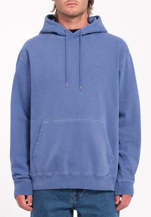 Blauwe pullover hoodie met een voorzak, verstelbare trekkoord en ribgebreide mouwen. Gemaakt van zacht materiaal met een textuurafwerking.