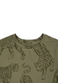Olive green t-shirt featuring a repeating tiger print in darker green. Round neckline with short sleeves, made of soft, lightweight material.