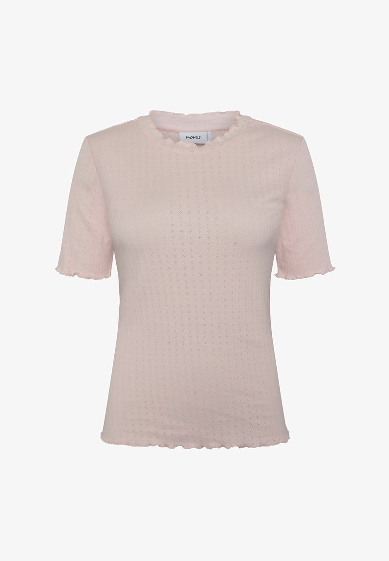 Lyserød kortærmet top lavet af tekstureret stof, med en bølget halsudskæring og kant, samt et subtilt prikket mønster over hele overfladen.