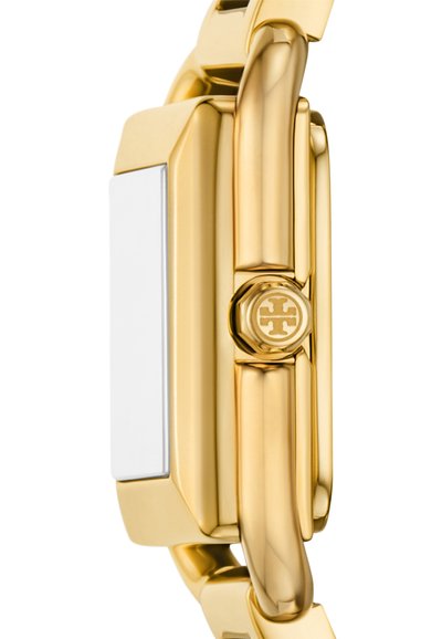 Goldfarbene Metall-Uhr mit rechteckigem weißen Zifferblatt. Verfügt über eine polierte Oberfläche, dicke Bandglieder und ein mit Logo geprägtes Kronschild.