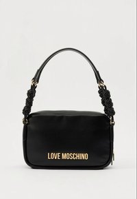Black leather shoulder bag with a braided handle, gold "LOVE MOSCHINO" logo on the front, rectangular shape, smooth texture.