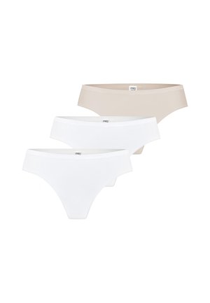 Trzy damskie figi w stylu bikini w kolorach beżowym i białym, ułożone w przesuniętym stosie na białym tle.