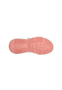 Shoe sole features a pink rubber base with a textured pattern for traction; the upper part is white with minimal design details.