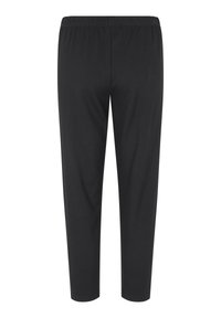 Zwarte, stretchy broek met een elastische tailleband. Eenvoudig ontwerp, rechte snit en een gladde textuur. Geen zichtbare patronen of hardwaredetails.