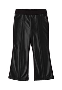 Pantaloni cropped neri in ecopelle con una cintura larga, caratterizzati da cuciture verticali e una texture liscia e lucida.