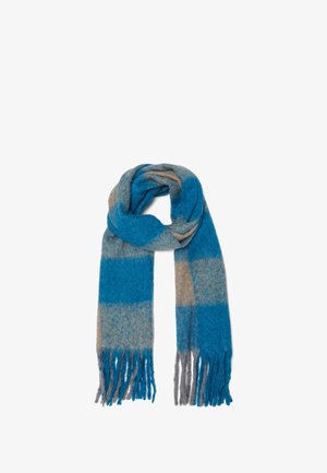 Sciarpa a quadri blu e beige realizzata in materiale morbido e testurizzato, con estremità frangiate in grigio. Misura circa 180 cm di lunghezza.