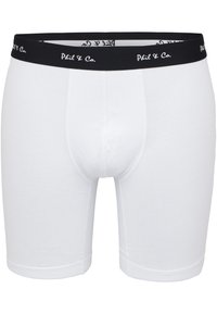Valkoiset bokserit, jotka on valmistettu pehmeästä puuvillasta ja joissa on musta elastinen vyötärö, jossa on "Phil & Co." -logo. Sujuva rakenne, täydellinen peittävyys.