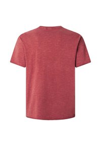 Camiseta roja de manga corta con un acabado suave y texturizado y un cuello redondo clásico. La parte trasera presenta un diseño liso y sencillo sin adornos.
