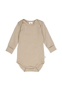 Dětský body s dlouhým rukávem v béžové barvě, vyrobený z měkké tkaniny, s kulatým výstřihem, zapínáním na patentky ve spodní části a manžetami na zápěstí.