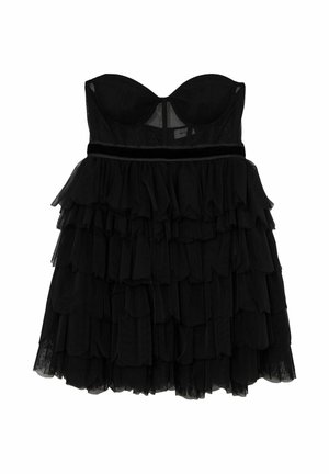 Schwarzes trägerloses Cocktailkleid mit herzförmigem Ausschnitt, tailliertem Oberteil und mehrlagigem, gerafftem Tüllrock.
