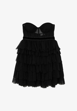 Schwarzes trägerloses Cocktailkleid mit herzförmigem Ausschnitt, tailliertem Oberteil und mehrlagigem, gerafftem Tüllrock.