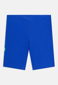 Μπλε μαγιό μέχρι το γόνατο με στενή εφαρμογή και διακριτικό πράσινο και μπλε σχέδιο στη ραφή του πλαϊνού μέρος.