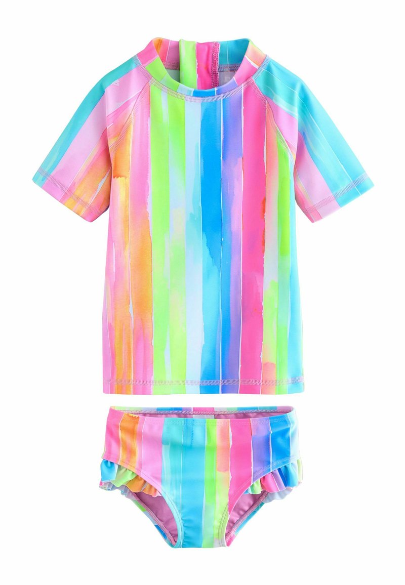 Short-sleeve, multicolored swim set featuring vertical pastel stripes in pink, green, blue, and orange. Bottom has ruffled edges.