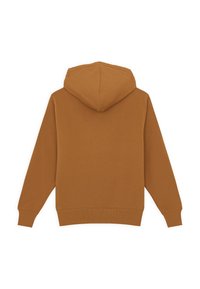 Felpa marrone con un ampio cappuccio e maniche lunghe, presentata in un layout piatto su uno sfondo bianco.