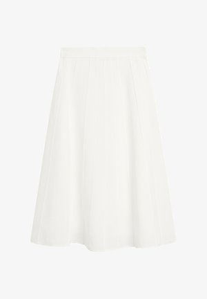 Weiße A-Linien-Rock mit dezenten vertikalen Falten und einem Bund, knielang, vor einem weißen Hintergrund.