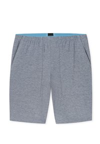Lichtgrijze shorts met een elastische tailleband, zijzakken en een blauwe voering aan de binnenkant van de tailleband, plat neergelegd op een witte achtergrond.