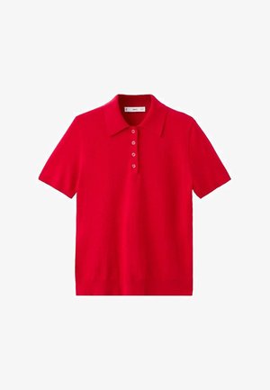 Rood polohemd met korte mouwen, een kraag en vier knopen aan de voorkant, weergegeven op een witte achtergrond.