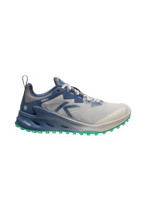 Graue und blaue Trailrunning-Schuh mit Netzoberfläche, Gummisohle, grünen Traktionsnoppen und kontrastierendem Schnürdesign. Leichtgewichtig für den Einsatz im Freien.