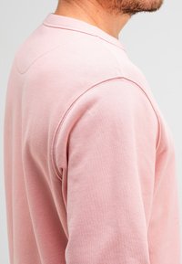 Lichtroze sweatshirt met een geribbelde kraag en lange mouwen. Heeft een zachte textuur en een eenvoudig, strak ontwerp zonder patronen.