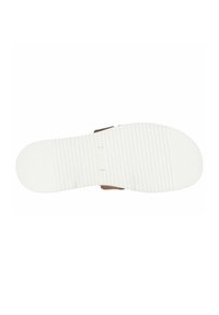 Bruine bandensandalen met een witte rubberen zool, voorzien van horizontale ribbels en een geëtst logo in het midden. Gladde textuur aan de bovenkant.