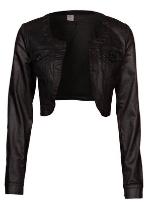 Veste noire courte en simili cuir brillant, dotée d'un col rond, de deux poches avant et de manches longues avec des poignets ajustés.