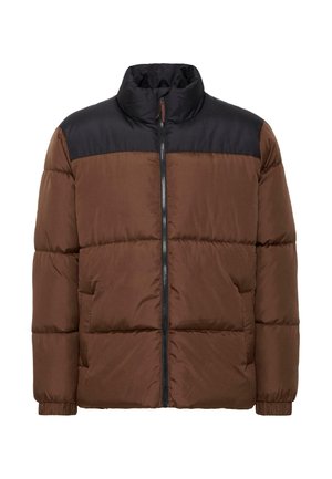 Brun og sort pufjakke med høj krave, lynlåslukning foran og sidelommer. Quilted tekstur med kontrastfarver på skuldrene.