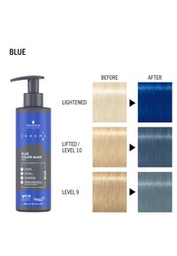 Schwarzkopf Chroma ID 300 ml blaue Farbmaske in einer Pumpflasche. Zeigt die Haarfarbenergebnisse vor und nach der Anwendung, mit aufgehellten und gehobenen Tönen.