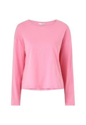 Camicia a maniche lunghe rosa in morbido cotone, con scollatura tonda, vestibilità comoda e superficie liscia senza motivi o dettagli visibili.