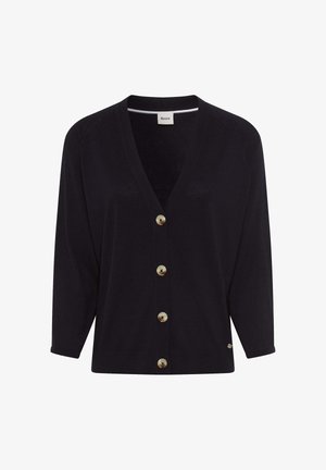 Schwarze Strickjacke aus weichem Stoff, mit V-Ausschnitt, fünf goldenen Knöpfen auf der Vorderseite und 3/4-langen Ärmeln.