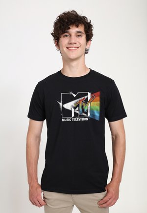 Black cotton t-shirt featuring a white MTV logo with sparkles and a rainbow gradient accent. Short sleeves and crew neck design.