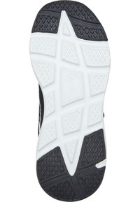 Mustavalkoisen urheilukengän pohja, jossa on kuvioidut kumipaneelit ja kohotettuja timantinmuotoisia kuvioita.