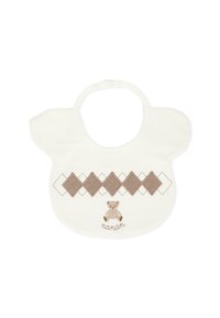 Bavaglino in cotone bianco con motivo a rombi marroni. Include un grafico ricamato di un orso e il nome "nan son" nella parte inferiore.
