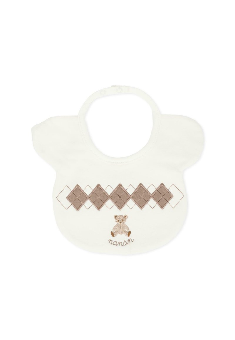 Bavaglino in cotone bianco con motivo a rombi marroni. Include un grafico ricamato di un orso e il nome "nan son" nella parte inferiore.