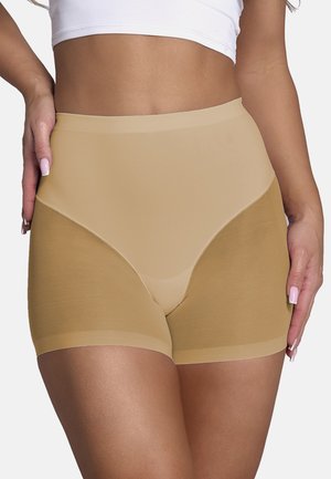 Nude shapewear shorts met een hoge taille, gladde stof, naadloze randen en een combinatie van matte en doorzichtige texturen, die ondersteuning en comfort bieden.