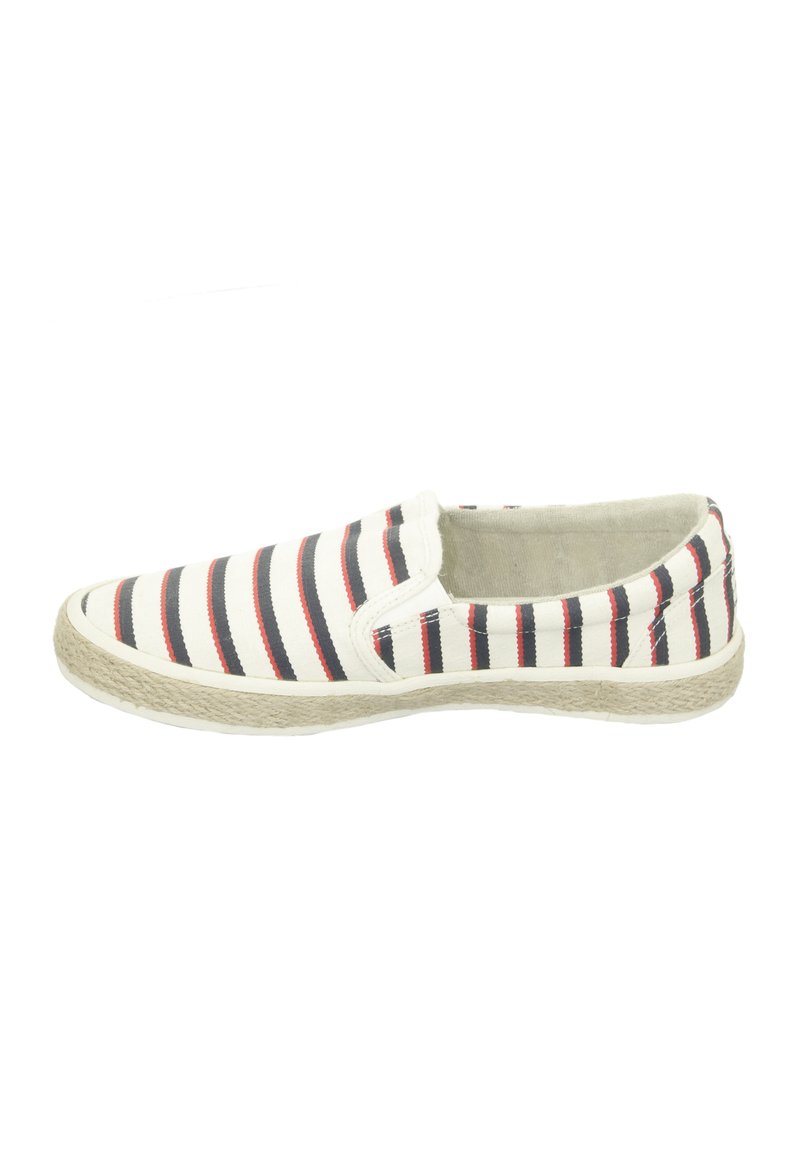 Canvas slip-on shoe with red and navy stripes on a white background, textured jute sole, and a rounded toe. Soft interior lining visible.