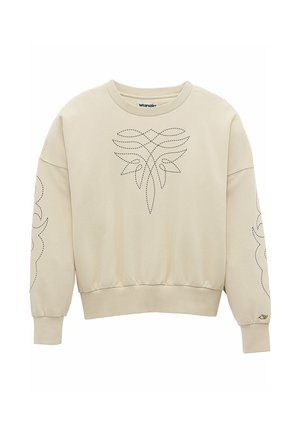 Felpa beige Wrangler con design astratto nero ricamato su petto e maniche, polsini e bordo inferiore a coste.