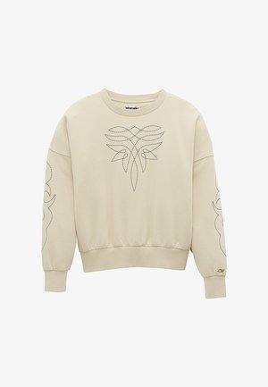 Felpa beige Wrangler con design astratto nero ricamato su petto e maniche, polsini e bordo inferiore a coste.