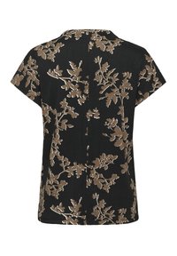 Top corto nero a maniche corte con motivo floreale in beige e crema, dal taglio dritto e con uno spacco sul retro per facilitare i movimenti.