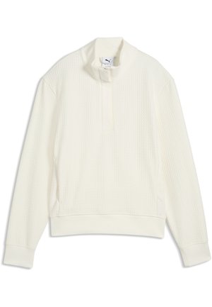 Pull blanc texturé à manches longues avec col montant et fermeture éclair partielle sur le devant, doté de poignets et d’un bas côtelés.