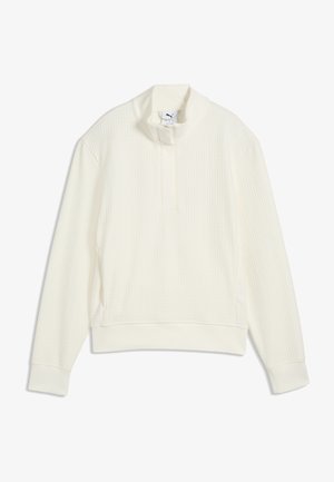 Langærmet hvid tekstureret pullover med høj krave og delvis frontlynlås, med ribstrikkede manchetter og kant.