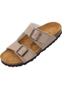 Helle beige Sandale mit zwei verstellbaren Riemen und silbernen Schnallen. Korkfußbett und strukturierte braune Gummisohle. Obermaterial in glattem Lederlook.
