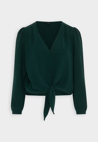 Blusa verde scuro a maniche lunghe con scollatura a V, chiusura frontale con bottoni e dettaglio vita legata. Realizzata in un tessuto morbido e strutturato.