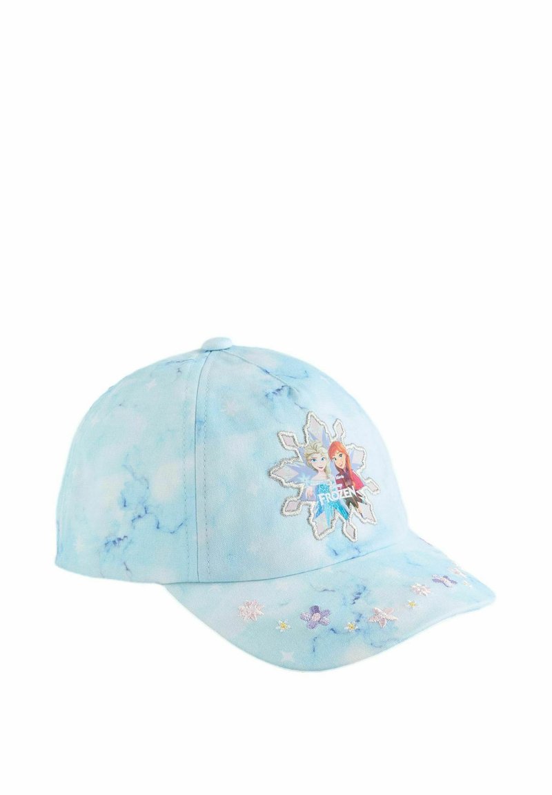Helle blaue Stoff-Basketballkappe mit Schneeflockenmotiv, bestickten Zeichen und dekorativen Blumenakzenten am Rand.
