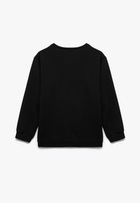 Czarna bluza z długimi rękawami, okrągłym dekoltem, ściągaczami przy mankietach i dolnym brzegu. Gładka tekstura, minimalistyczny design, bez widocznych logo czy wzorów.