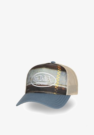 Casquette avec une visière bleue, un dos en mesh beige, et un devant à motifs avec un fond délavé et un logo blanc portant l'inscription « Von Dutch California ».