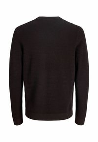 Pull noir à manches longues en tricot avec col rond, vu de dos sur fond blanc.