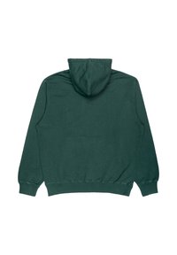 Felpa verde con cappuccio, maniche lunghe, tessuto texture, polsini e orlo a coste, e design del cappuccio senza cuciture. Vista dal retro mostrata.
